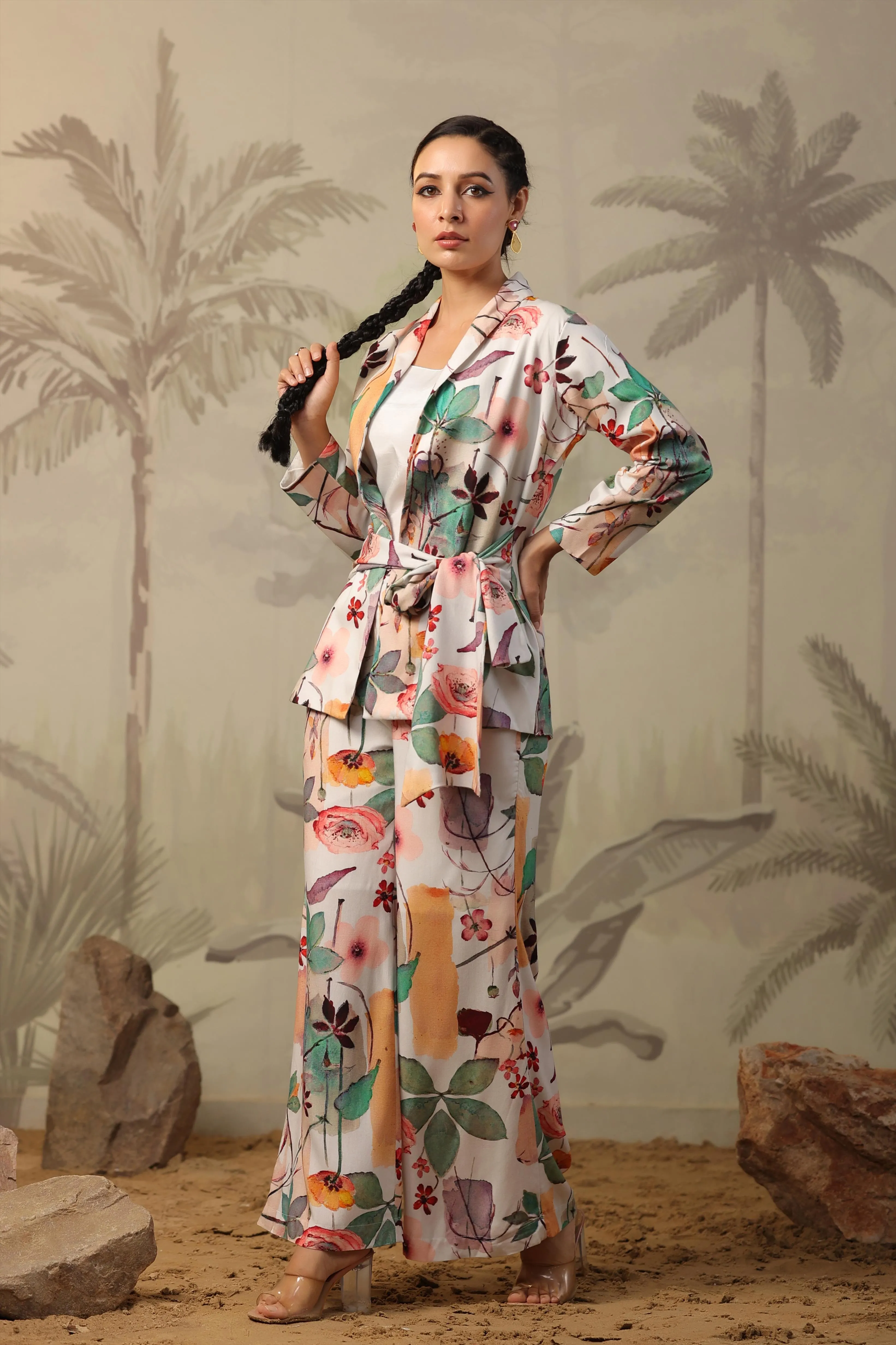 White Rayon Floral Printed Blazer Co-Ord Set
