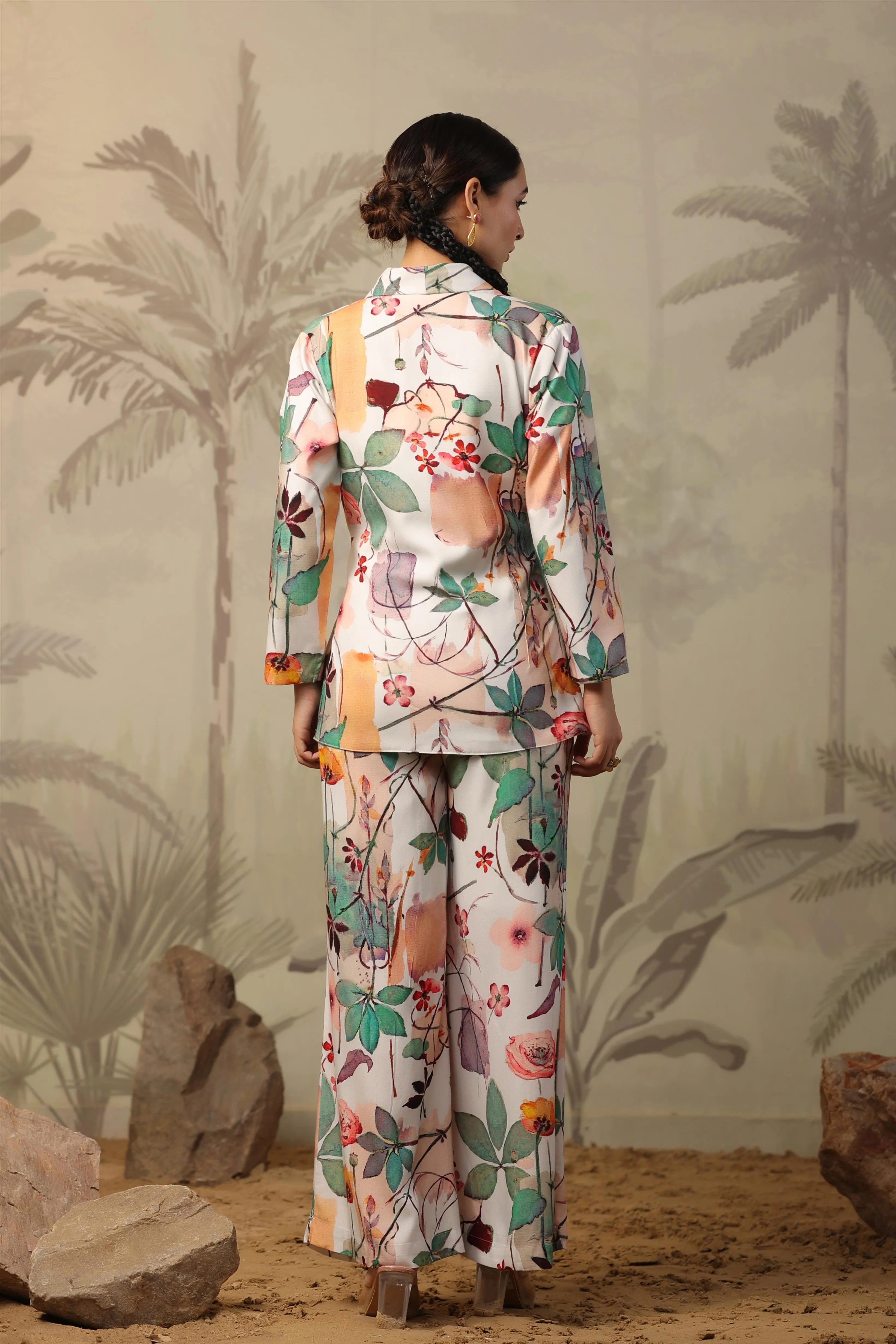 White Rayon Floral Printed Blazer Co-Ord Set