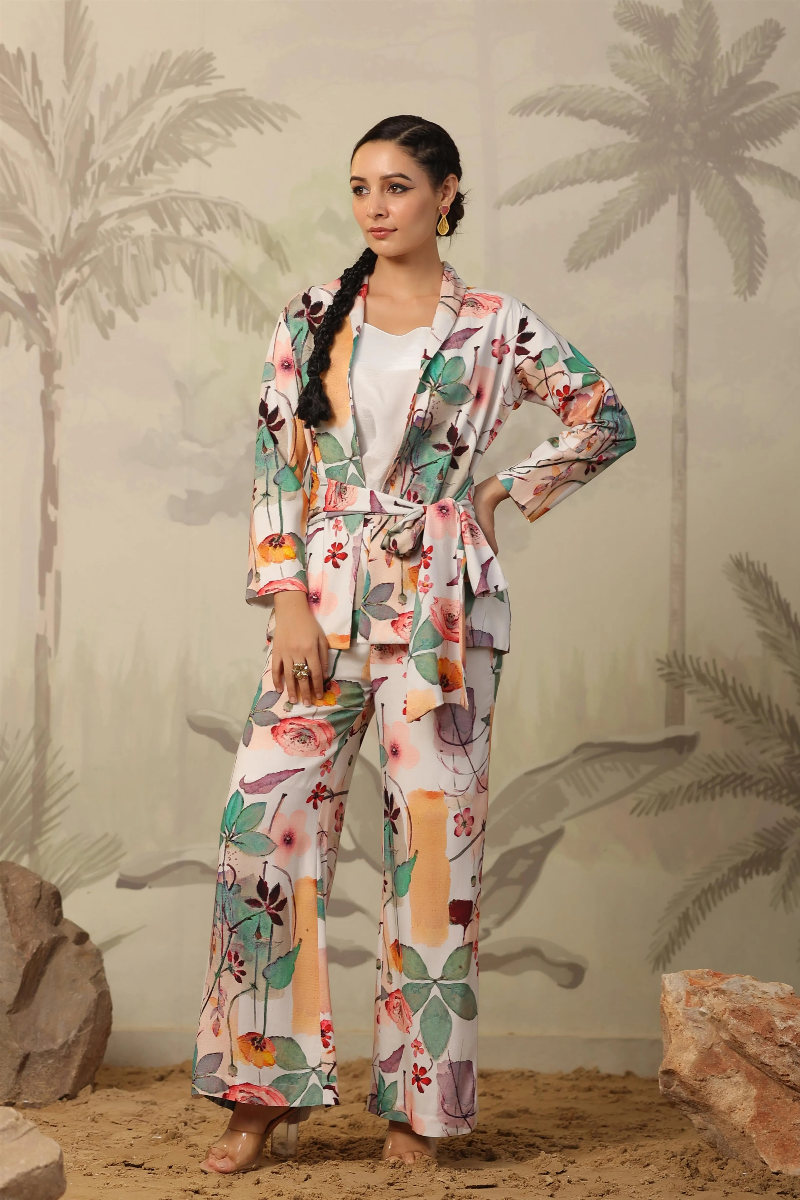 White Rayon Floral Printed Blazer Co-Ord Set