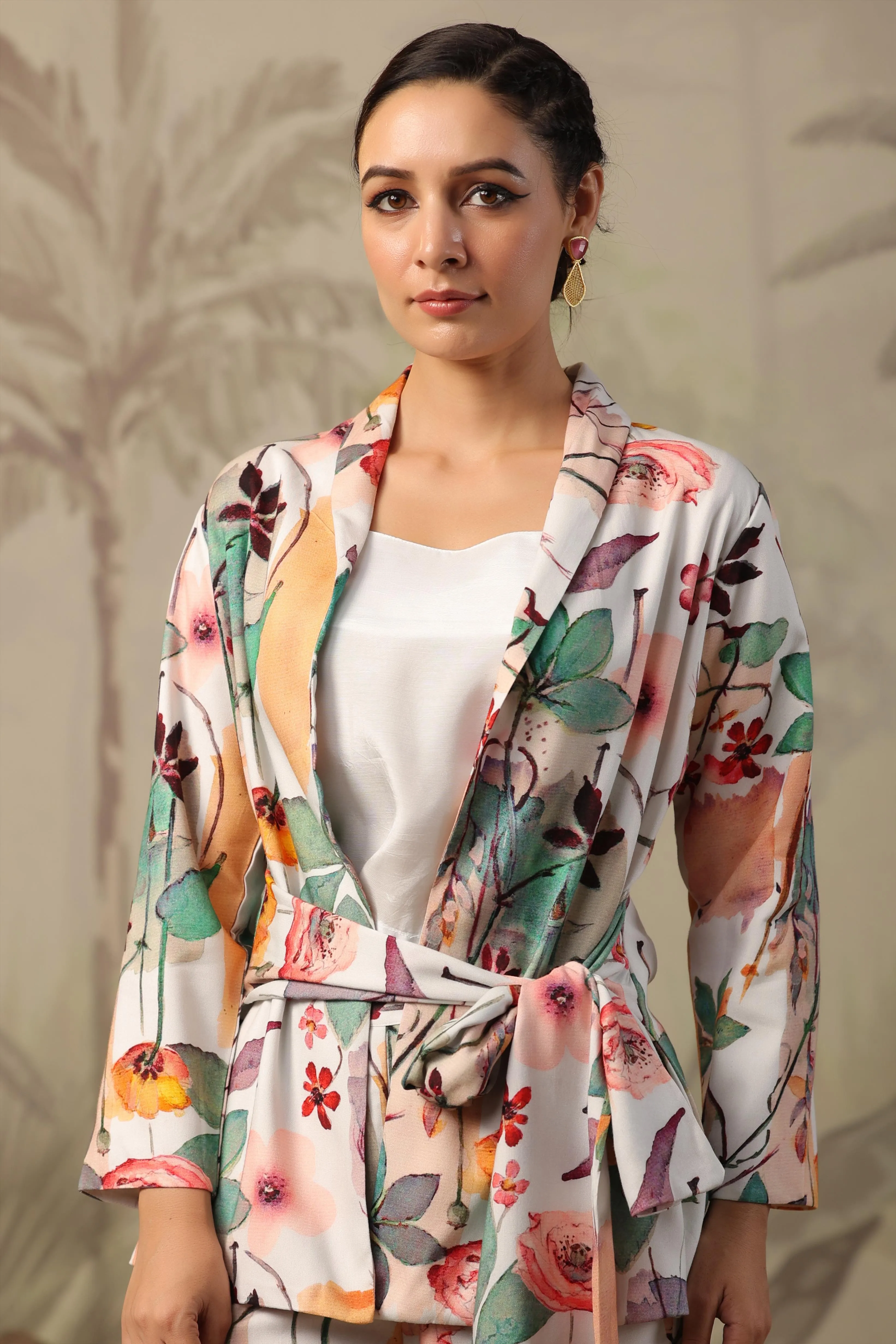 White Rayon Floral Printed Blazer Co-Ord Set