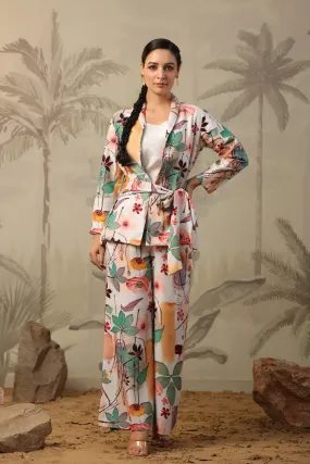 White Rayon Floral Printed Blazer Co-Ord Set