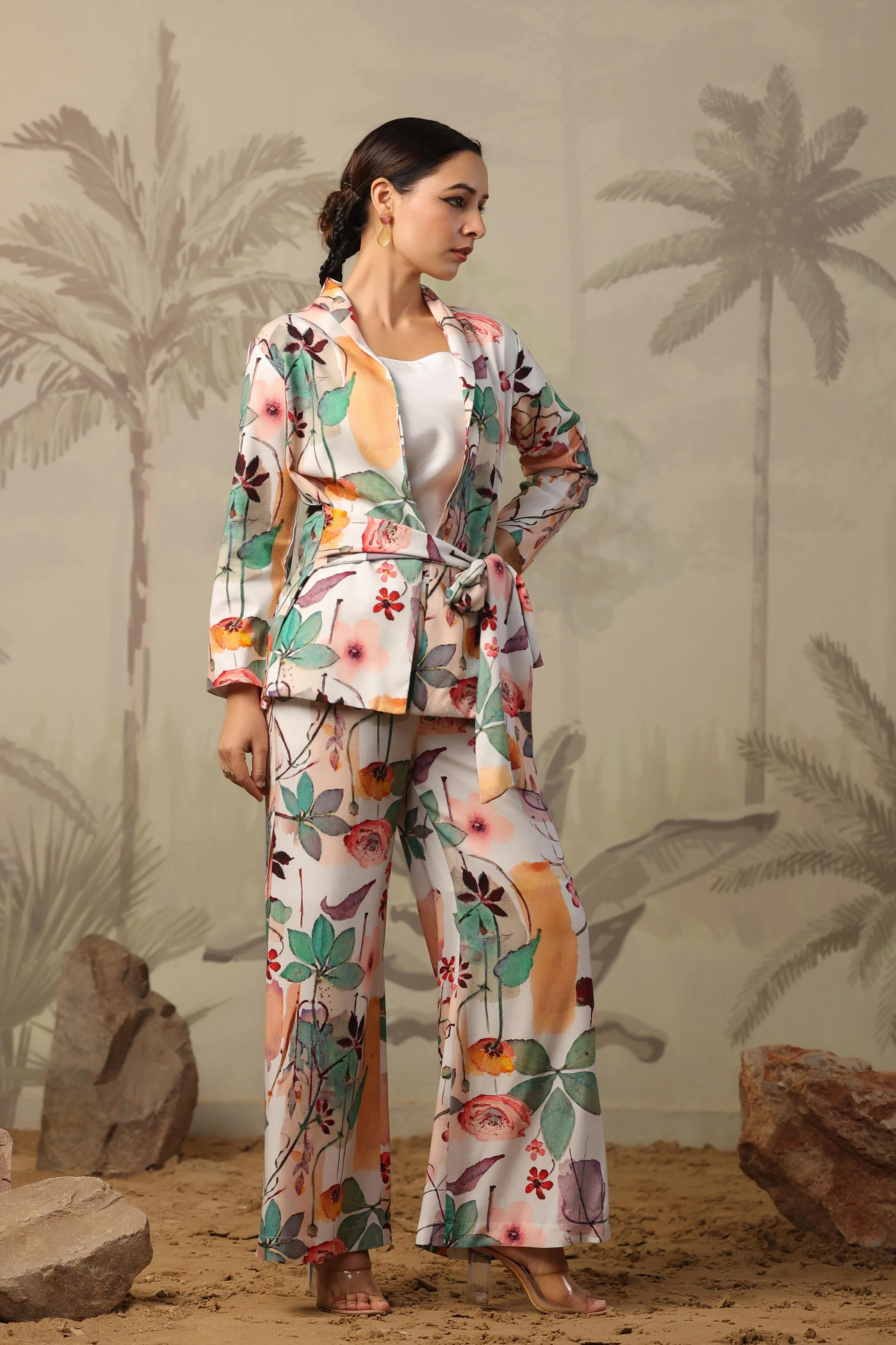 White Rayon Floral Printed Blazer Co-Ord Set