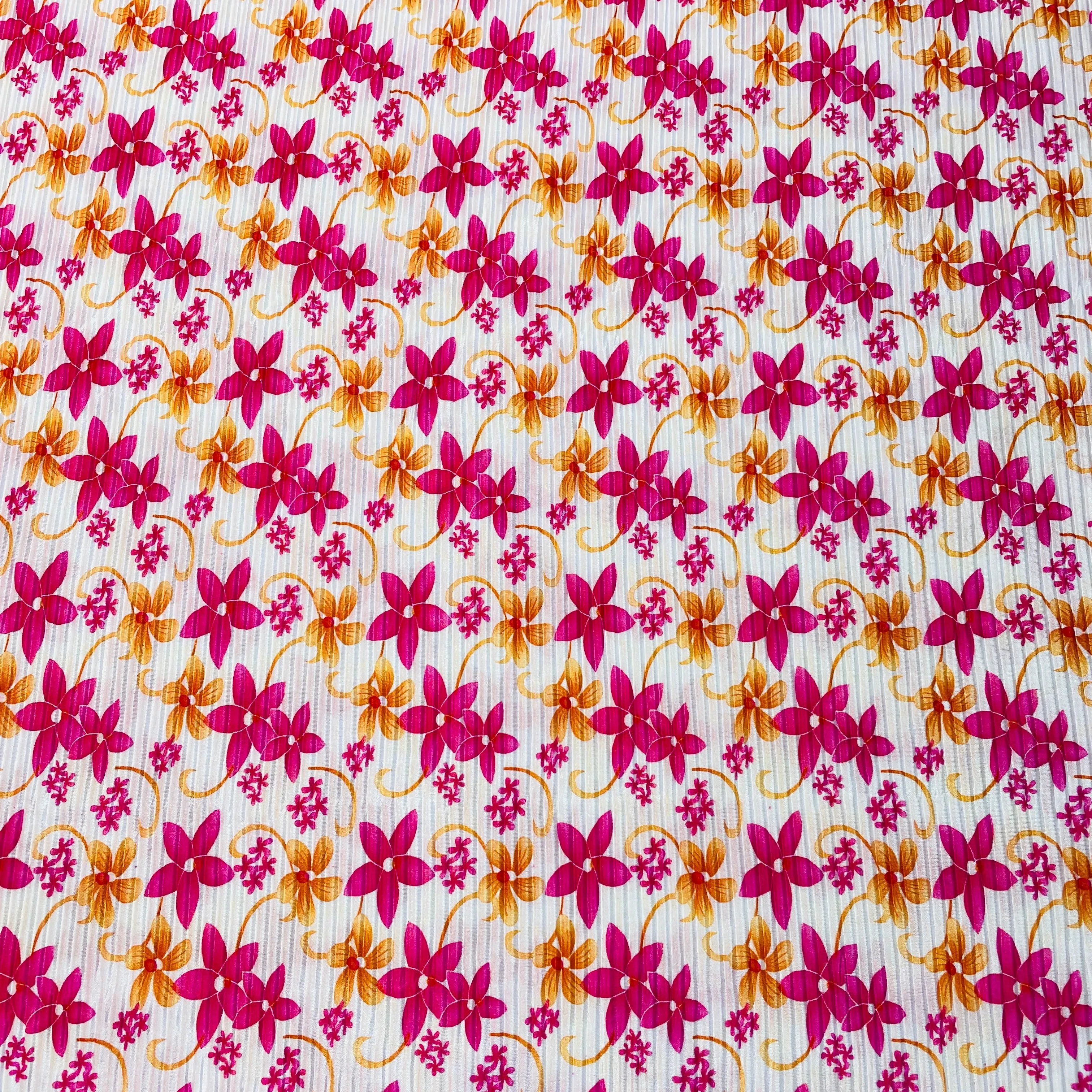 White With Pink Orange With Floral Pleated Knitted Satin Fabric