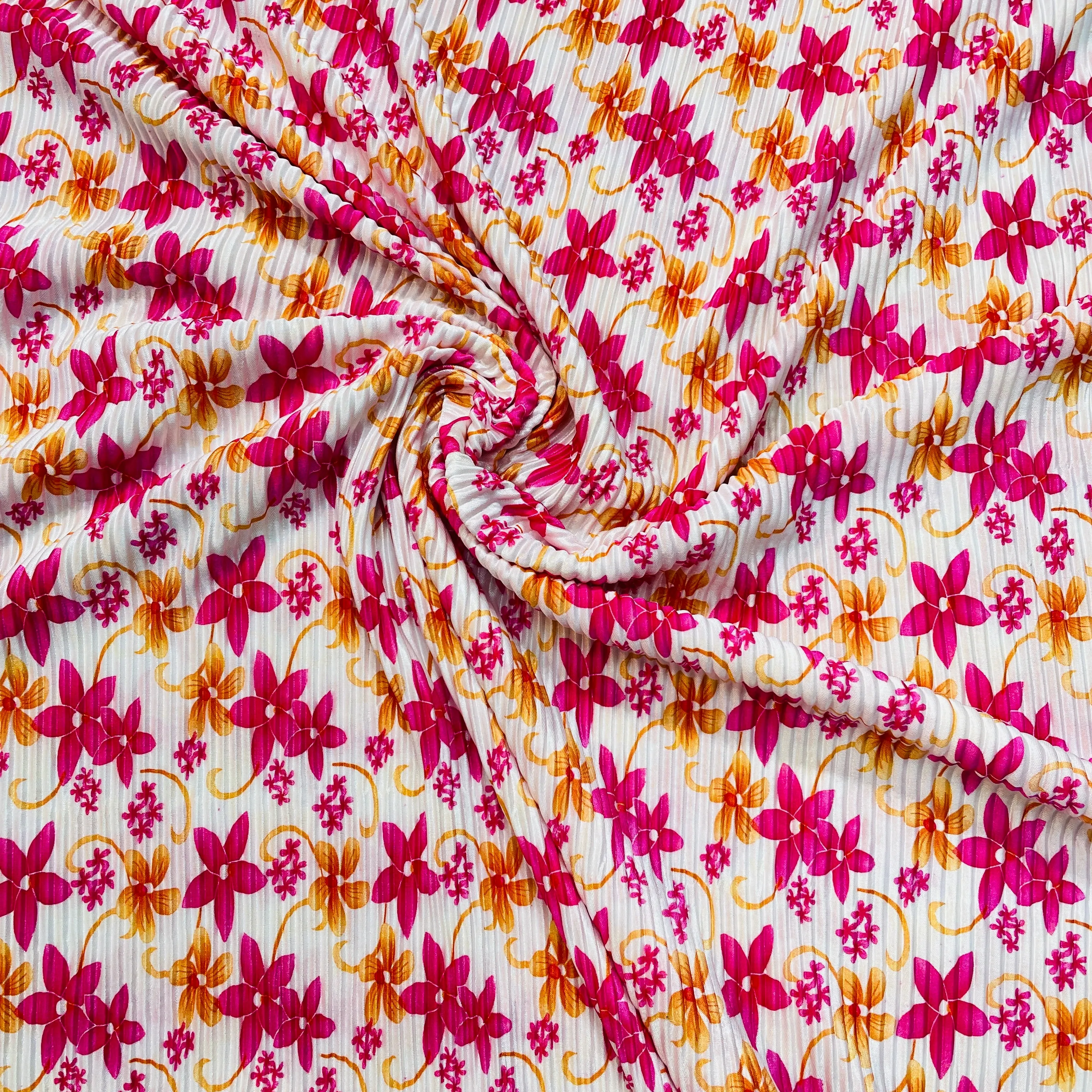 White With Pink Orange With Floral Pleated Knitted Satin Fabric