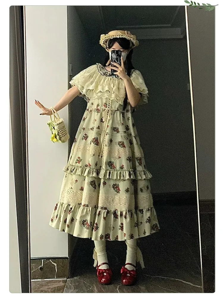 With PUJI~Wind Tour~Country Lolita OP Dress Cherry Floral Prints Lolita Dress