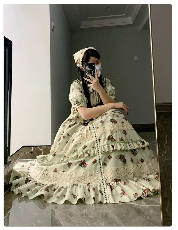 With PUJI~Wind Tour~Country Lolita OP Dress Cherry Floral Prints Lolita Dress