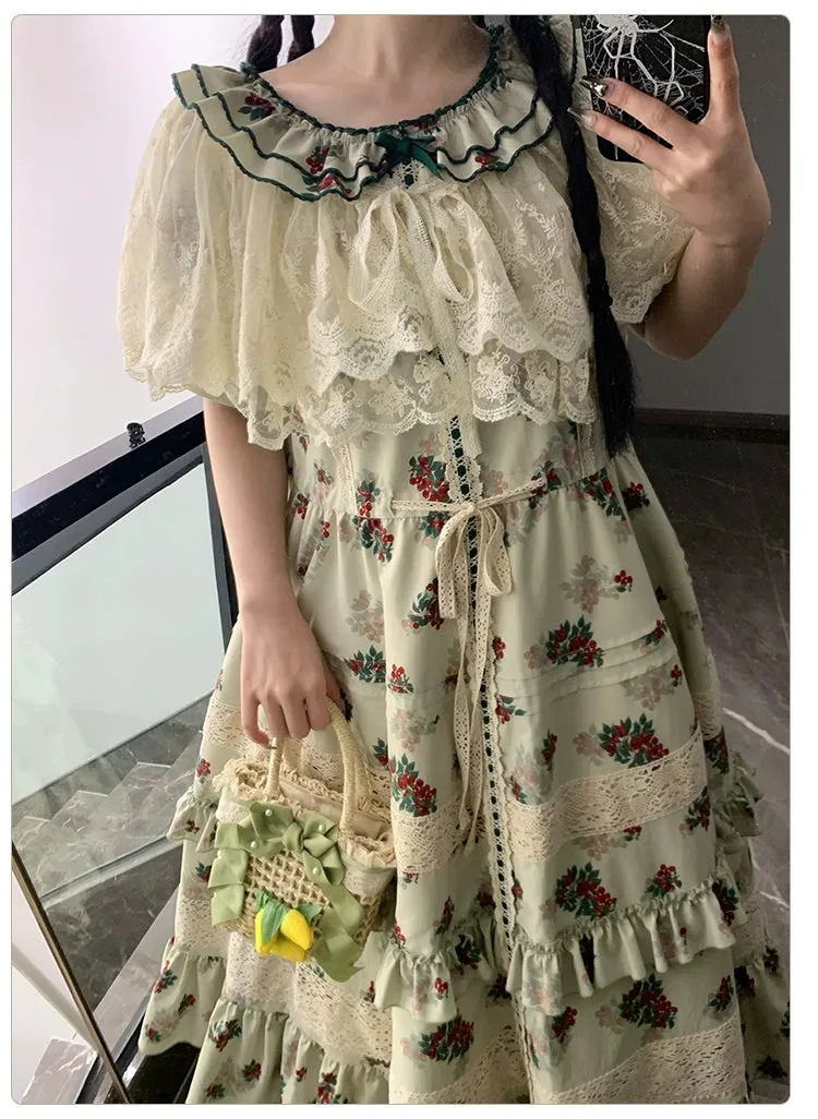 With PUJI~Wind Tour~Country Lolita OP Dress Cherry Floral Prints Lolita Dress