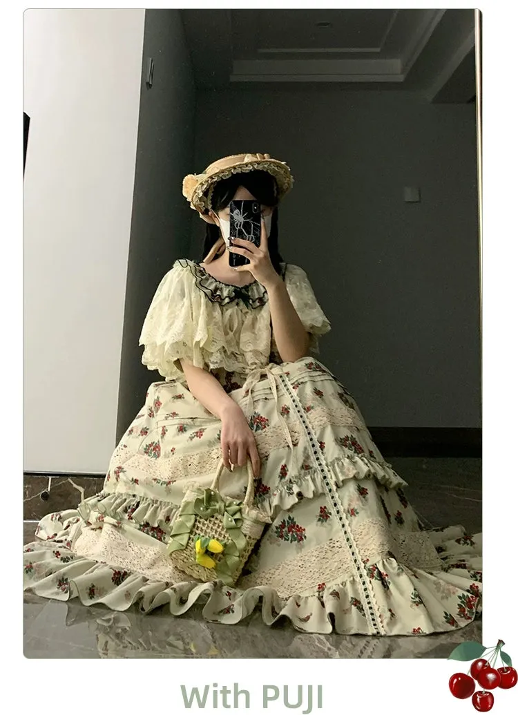 With PUJI~Wind Tour~Country Lolita OP Dress Cherry Floral Prints Lolita Dress
