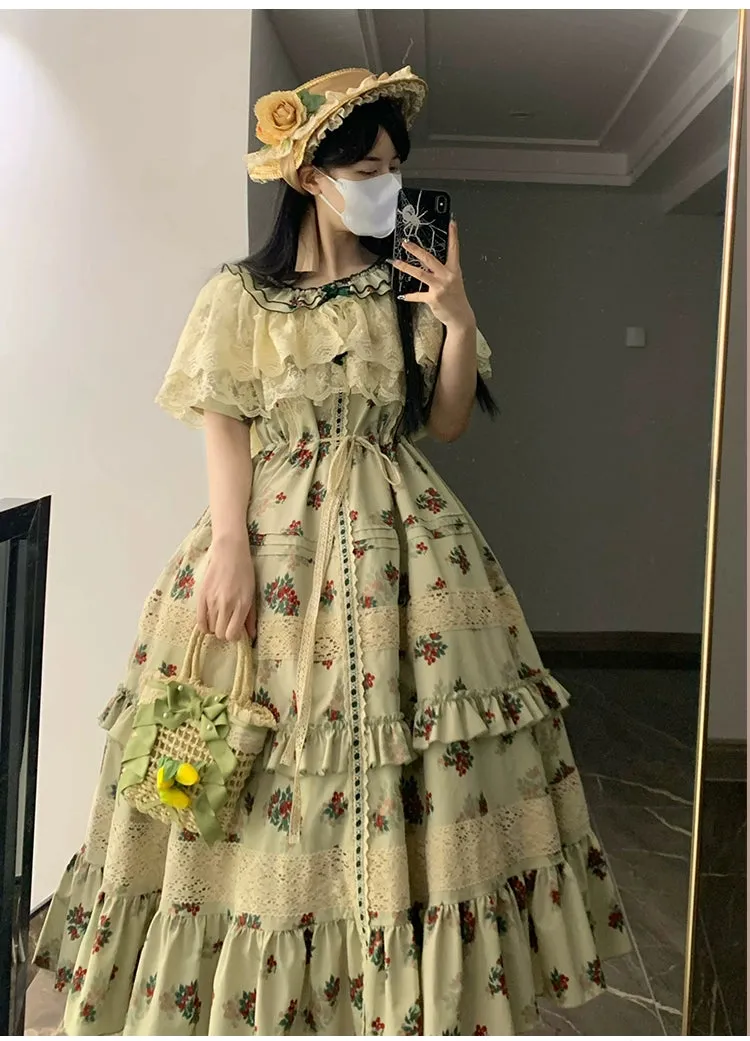 With PUJI~Wind Tour~Country Lolita OP Dress Cherry Floral Prints Lolita Dress