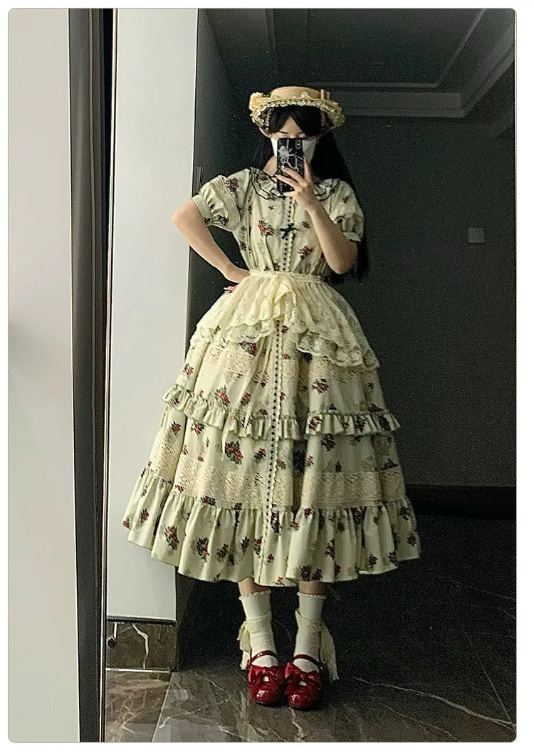 With PUJI~Wind Tour~Country Lolita OP Dress Cherry Floral Prints Lolita Dress