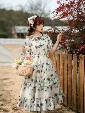 With PUJI~Wind Tour~Country Lolita OP Dress Cherry Floral Prints Lolita Dress