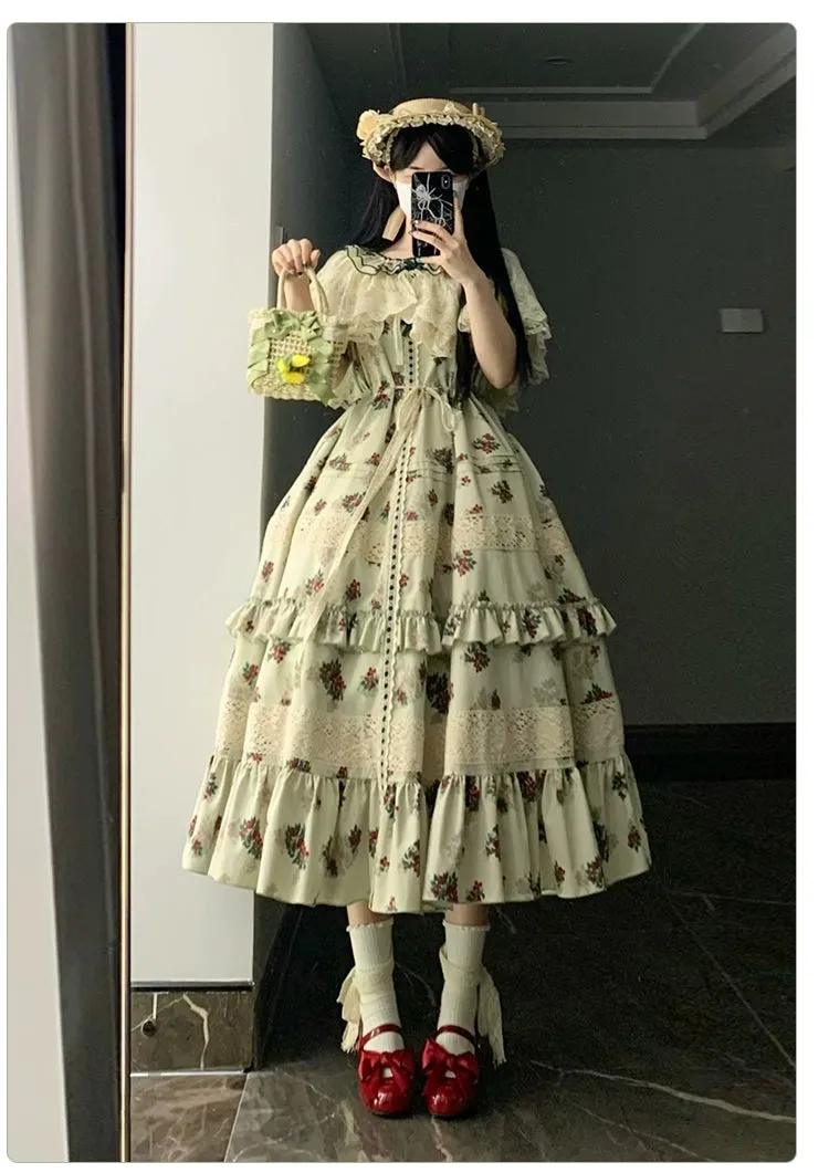 With PUJI~Wind Tour~Country Lolita OP Dress Cherry Floral Prints Lolita Dress