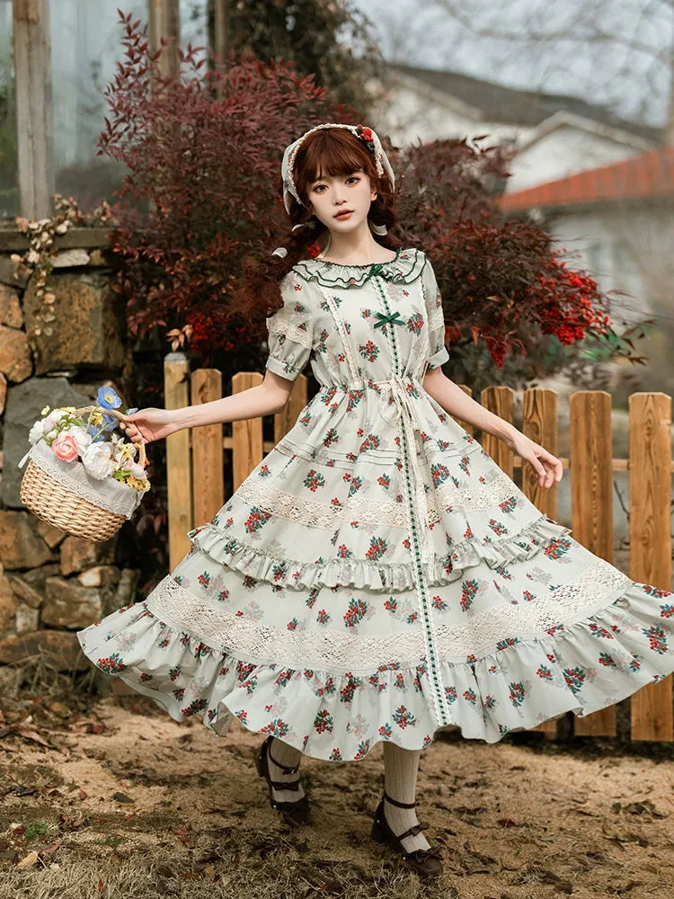 With PUJI~Wind Tour~Country Lolita OP Dress Cherry Floral Prints Lolita Dress