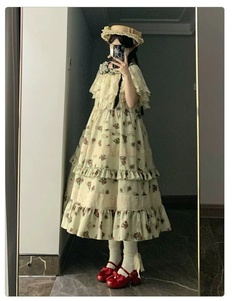 With PUJI~Wind Tour~Country Lolita OP Dress Cherry Floral Prints Lolita Dress