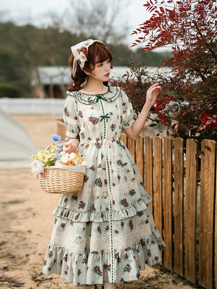 With PUJI~Wind Tour~Country Lolita OP Dress Cherry Floral Prints Lolita Dress