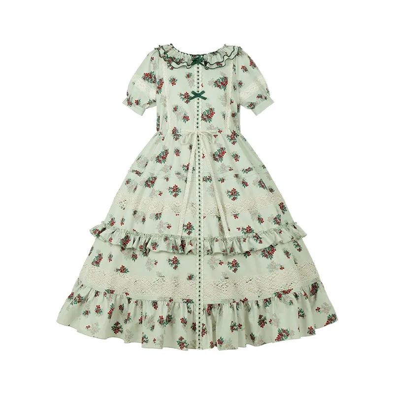 With PUJI~Wind Tour~Country Lolita OP Dress Cherry Floral Prints Lolita Dress