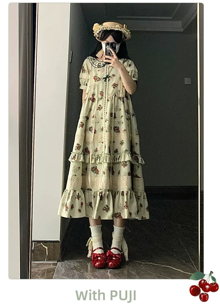With PUJI~Wind Tour~Country Lolita OP Dress Cherry Floral Prints Lolita Dress