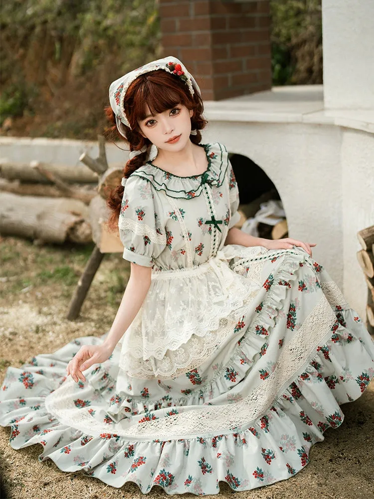 With PUJI~Wind Tour~Country Lolita OP Dress Cherry Floral Prints Lolita Dress