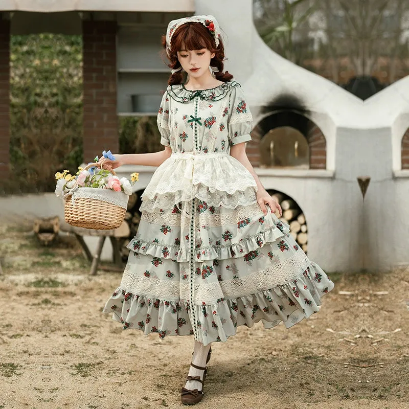 With PUJI~Wind Tour~Country Lolita OP Dress Cherry Floral Prints Lolita Dress
