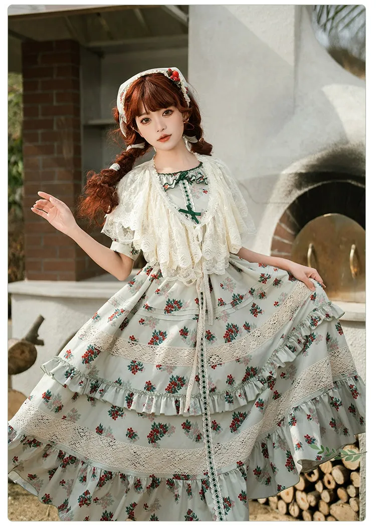 With PUJI~Wind Tour~Country Lolita OP Dress Cherry Floral Prints Lolita Dress