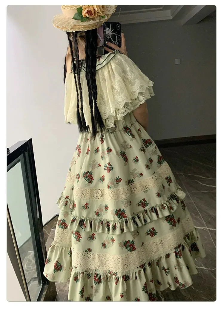 With PUJI~Wind Tour~Country Lolita OP Dress Cherry Floral Prints Lolita Dress