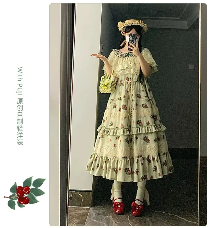 With PUJI~Wind Tour~Country Lolita OP Dress Cherry Floral Prints Lolita Dress