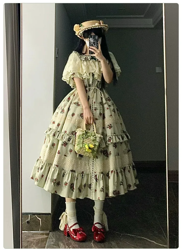 With PUJI~Wind Tour~Country Lolita OP Dress Cherry Floral Prints Lolita Dress