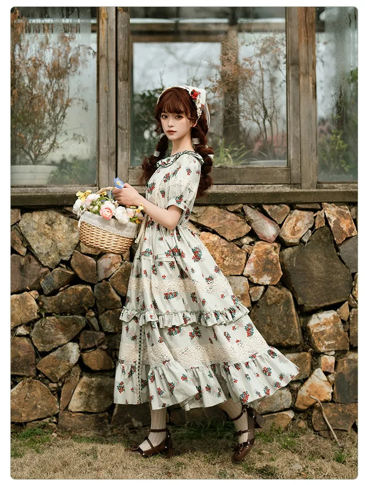 With PUJI~Wind Tour~Country Lolita OP Dress Cherry Floral Prints Lolita Dress