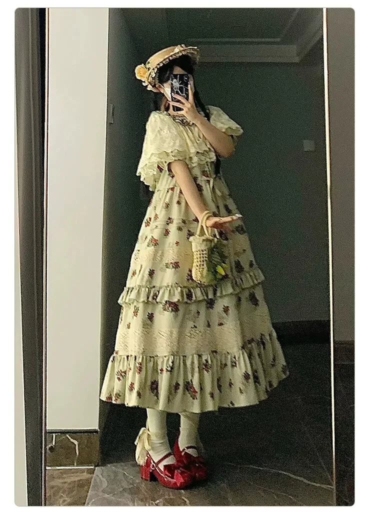 With PUJI~Wind Tour~Country Lolita OP Dress Cherry Floral Prints Lolita Dress