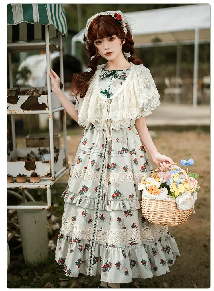 With PUJI~Wind Tour~Country Lolita OP Dress Cherry Floral Prints Lolita Dress