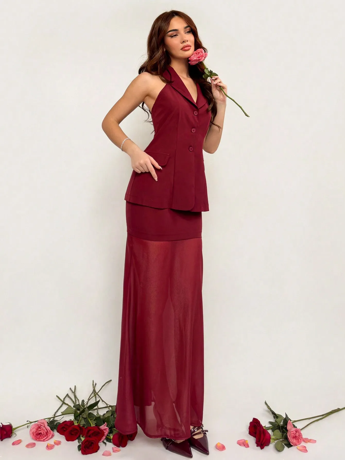 Women's New Vintage Wine Red Romantic Valentine's Day/Chinese New Year Outfit, Cross Strap Vest And Patchwork Skirt 2-Piece Set