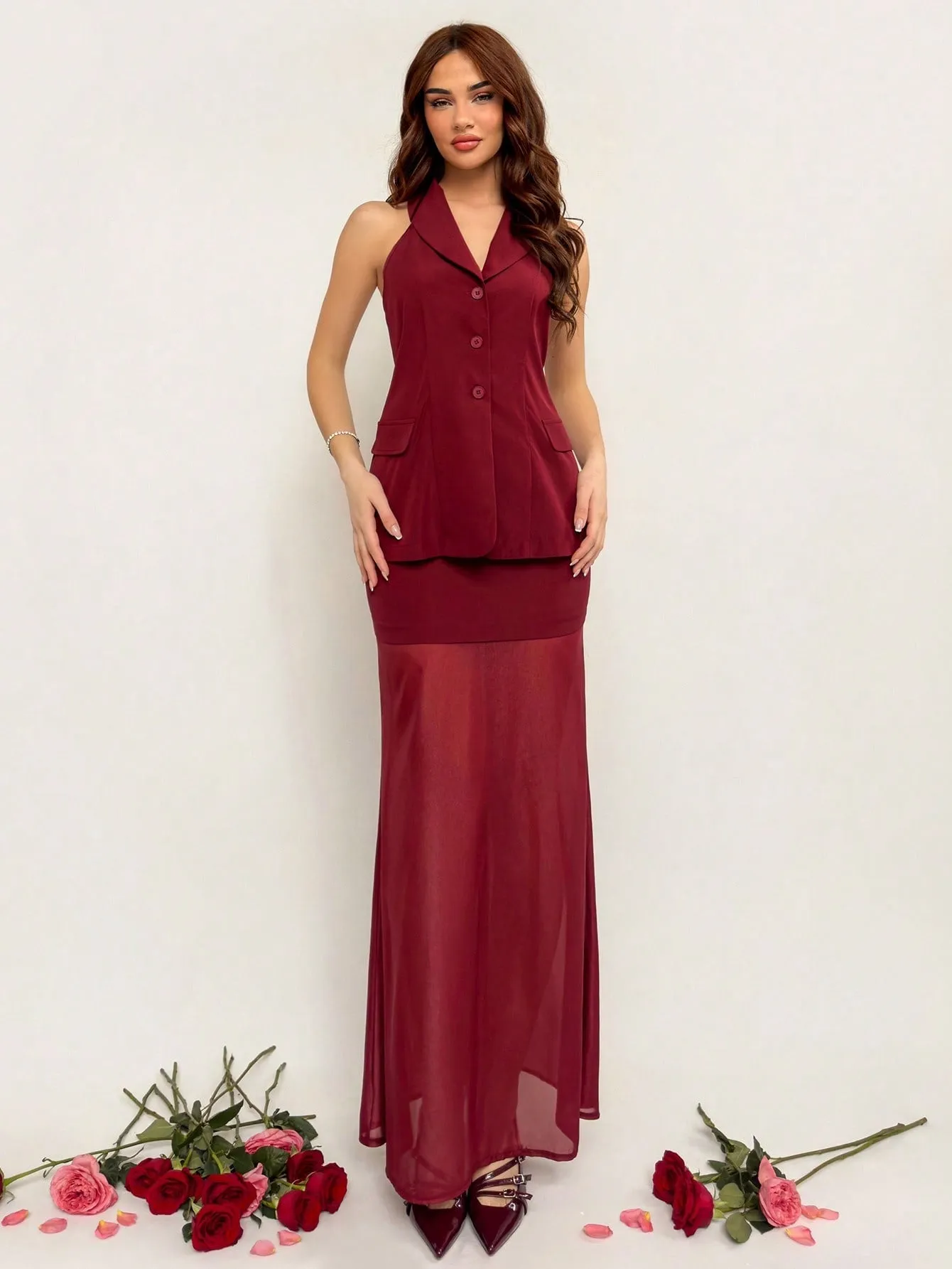 Women's New Vintage Wine Red Romantic Valentine's Day/Chinese New Year Outfit, Cross Strap Vest And Patchwork Skirt 2-Piece Set