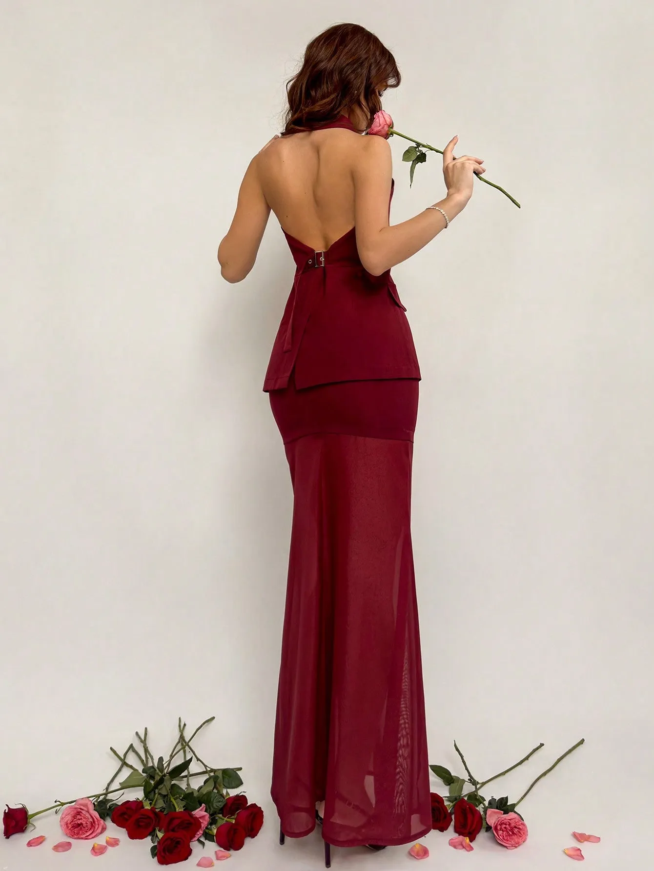 Women's New Vintage Wine Red Romantic Valentine's Day/Chinese New Year Outfit, Cross Strap Vest And Patchwork Skirt 2-Piece Set
