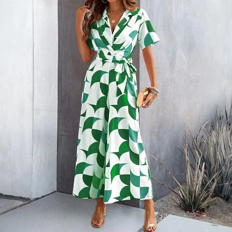 Women's Short Sleeve Printing Color Contrast High Waist Jumpsuit